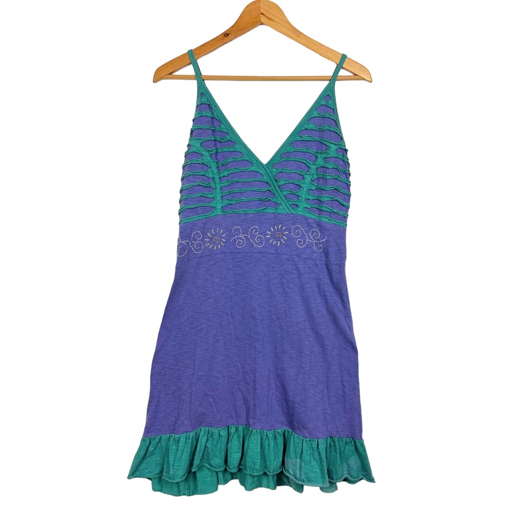 Vintage 90’s Boho Strapless Tie Halter Smocked Embroidered Ruffle Mini Dress L - Picture 10 of 10